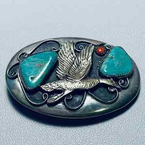 Vintage Navajo Silver Turquoise & Coral Belt Buckle Thunderbird Flying Bird